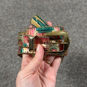 Vintage Multi-Colored Skinny Belt Womens S Gold Western Buckle Art Paint Pattern